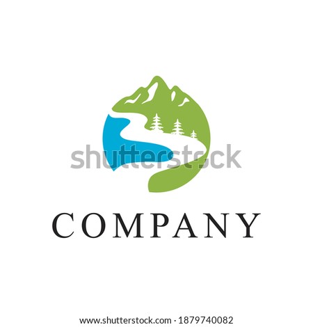 Mountain, Sea and pine evergreen for holiday Adventure Traveling logo design inspiration