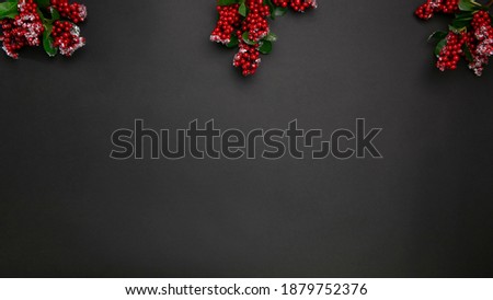 
Christmas branches around the edges of a black background. Red berries on pattern background