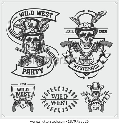 Wild west party emblem. Cowboy skull vintage labels, badges and design elements. Print design for t-shirt.