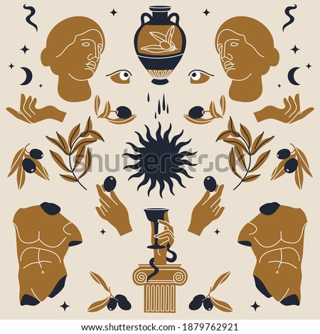 Vector illustration of bundle antique signs and symbols - statues, olive branch, amphora, column, helmet. Ancient greek or roman style elements. Seamless pattern Royalty-Free Stock Photo #1879762921