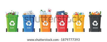Many garbage cans with sorted garbage. Sorting garbage. Ecology and recycle concept. Trash cans isolated on white background. vector flat illustrations. Royalty-Free Stock Photo #1879777393
