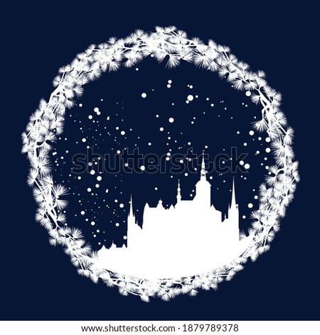 fairy tale royal castle with falling snow in circle pine tree branches frame - winter season vector silhouette design