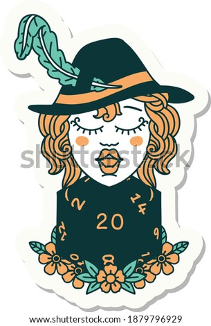 sticker of a human bard with natural 20 dice roll