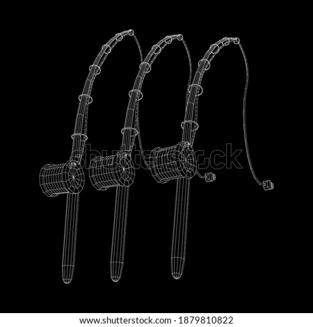 Fishing rod with line sinker and hook. Wireframe low poly mesh vector illustration.
