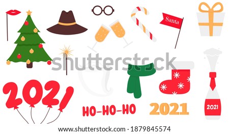 Decorative items for New Year 2021. New year photo props for new year'. Merry Christmas party. Decorative items for a fun party or New Year's party. Photo booth props. Vector illustration