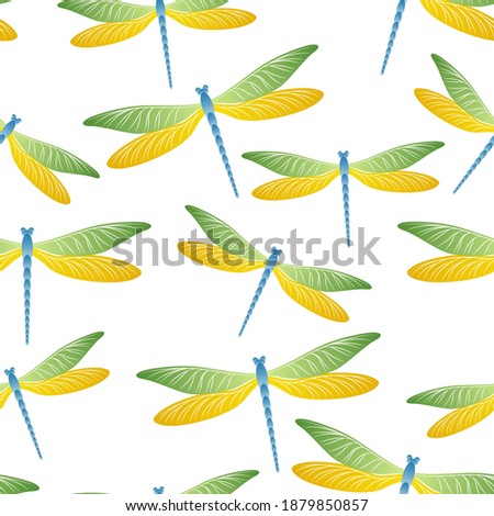 Dragonfly childish seamless pattern. Repeating dress fabric print with darning-needle insects. Garden water dragonfly vector ornament. Nature beings seamless. Damselfly silhouettes.