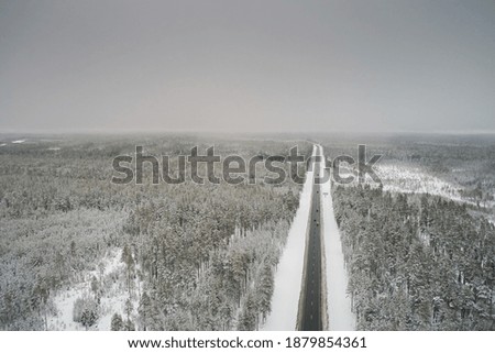 Top view of the road in the winter pine forest on a background of gray cloudy sky. Aerial photography