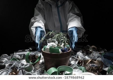 Young seedling in pot full of plastic dirt trash. Concept of environmental conservation disaster due overuse of one time plastic and packaging. Green plant in soil or dirt made of plastic garbage. Royalty-Free Stock Photo #1879868962