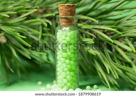glass bottle with green granules and a pine branch. homeopathic remedies