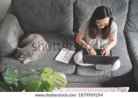 Asian woman wearing glasses sits on a sofa and types on her laptop computer while working from home in the living room of a house in Edinburgh, Scotland, UK, with a grey cat lying down beside her