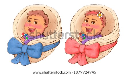 illustration of kids wrapped in a blanket tied with a bow. Happy smiling boy and girl