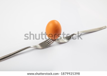 Still life photography. Two forks together create a case for a white egg that balances on them. Egg balanced on forks with white background.