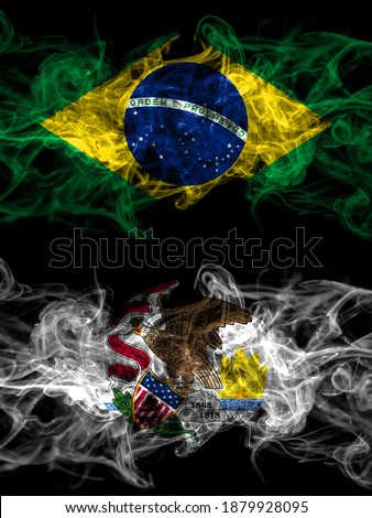 Brazil, Brazilian vs United States of America, America, US, USA, American, Illinois smoky mystic flags placed side by side. Thick colored silky abstract smoke flags.