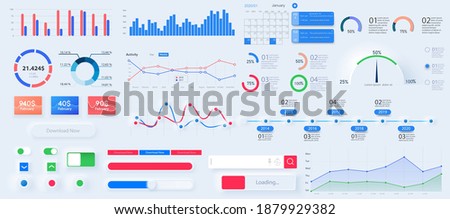 Infographic dashboard template with flat design graphs and pie charts. Information Graphics elements for web design. Web elements in moden style. Bundle infographic UI, UX, KIT Neumorphic elements.