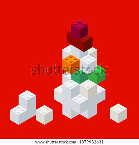 Isometric snowman assembled from a children's construction set. Volumetric toy. Background for the holiday Christmas. Vector illustration for print