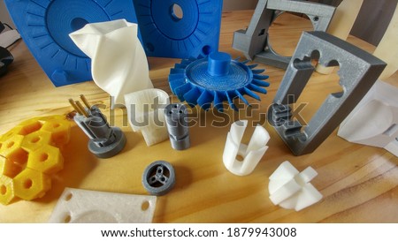 3d print, mechanical components in 3d printing, in thermoplastic plastic polymer, industrial  design. Royalty-Free Stock Photo #1879943008