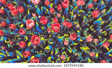 Red tulips against colorful foliage background. Colorful floral background. Red tulips background. Colorful abstract art.