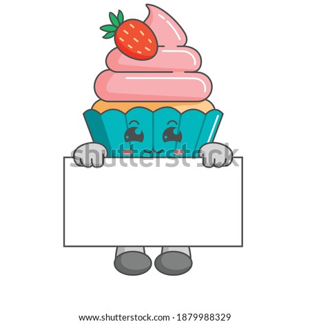 Cute kawaii strawberry cupcake characters standing behind a board