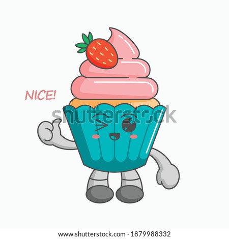 Kawaii strawberry cupcake characters give a thumbs up applause, nice