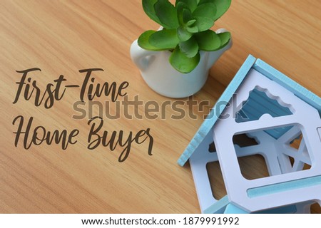 Top view of toy wooden house and plant over wooden background written with text FIRST-TIME HOME BUYER. Business concept.