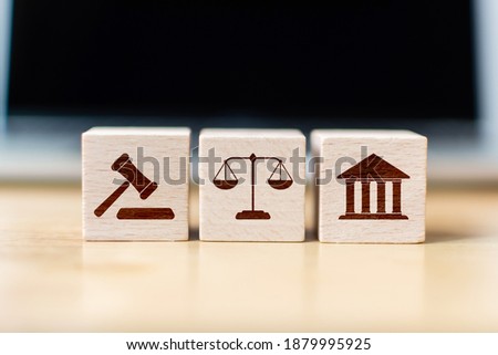 Wooden block cube shape with icon law legal justice Royalty-Free Stock Photo #1879995925