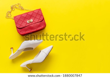 Fashion red bag and shoe woman accessories pastel background. Trendy fashion luxury handbag and heel shoe design. Lifestyle and Beauty Concept