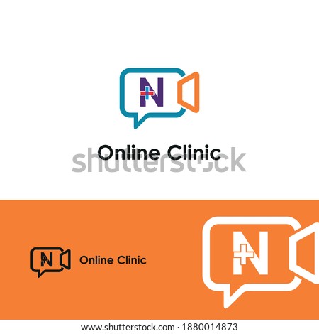 Letter N with chat, video, medical cross icon for Health online consultant logo vector concept