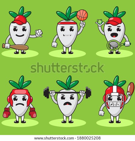 Illustration vector graphic cartoon character of cute Turnip doing sport set. Cute and funny fruit emotion set. Basket, boxing, tennis, baseball.