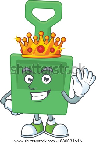 A charming King of green sand bucket cartoon character design with gold crown. Vector illustration