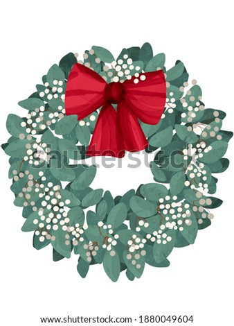 Merry Christmas hand-drawn leaves of the mistletoe, green holiday wreath with red bow decoration.