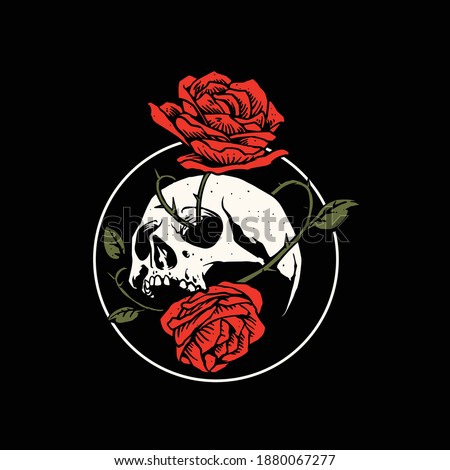 skull with rose flower vintage design
