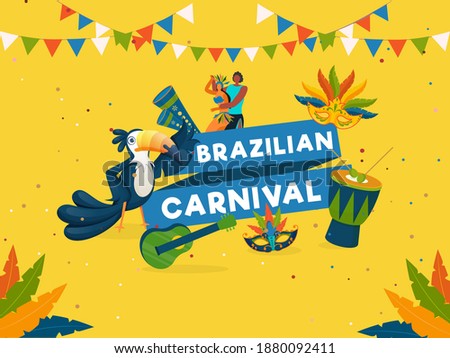 Brazilian Carnival Celebration Concept With Cartoon Couple Character, Toucan Bird, Party Masks, Music Instruments And Bunting Flags Decorated On Yellow Background.