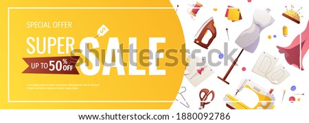 Promo sale flyer design with sewing items. Sewing workshop, fashion design, dressmaking, tailoring concept. Vector illustration for poster, banner, advertising, commercial.