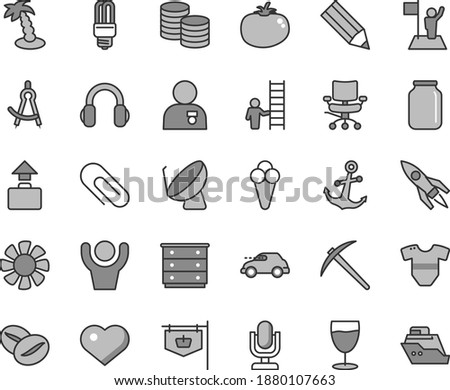 Thin line gray tint vector icon set - heart symbol vector, desktop microphone, clip, chest of drawers, t short, anchor, coins, tomato, coffee beans, glass, cone, mercury light bulb, retro car, jar