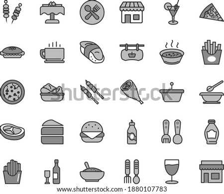 Thin line gray tint vector icon set - plates and spoons vector, plastic fork, iron, coffee, fried vegetables on sticks, pizza, piece of, big burger, cake, pie, a bowl rice porridge, in saucepan, pan