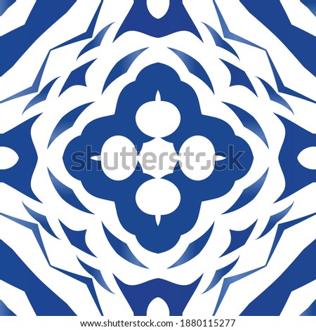 Ethnic ceramic tile in portuguese azulejo. Fashionable design. Vector seamless pattern flyer. Blue vintage ornament for surface texture, towels, pillows, wallpaper, print, web background.
