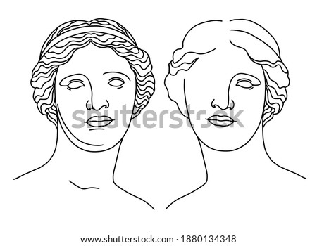 Classical sculpture. Vector hand drawn illustration of Aphrodite, statue of the head of Venus de Milo in front, line art