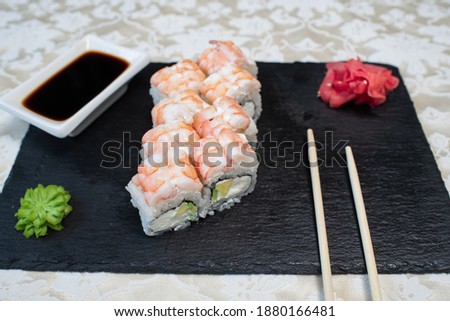 Delicious, juicy and appetizing tender rolls with shrimp