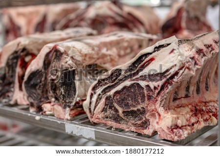 Large pieces of beef ribs. The process of fermentation of meat in the factory. Delicacy, fermented beef. Royalty-Free Stock Photo #1880177212
