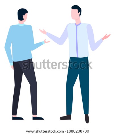 Two businessman arguing how to write business plan. Vector office workers in white collars discussing business problems, cartoon managers broker agents