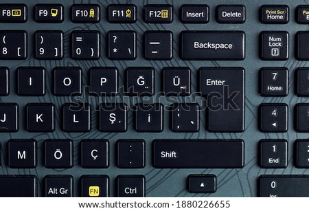 Black computer keyboard. Overhead close up view.