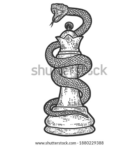 Chess piece queen entwined with a snake. Engraving vector illustration.