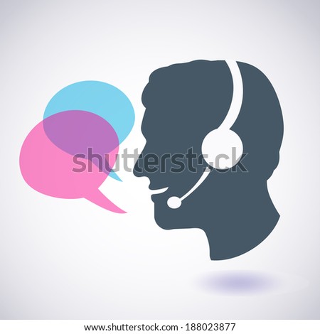 Smiling man with headphones and speech bubbles, call center concept