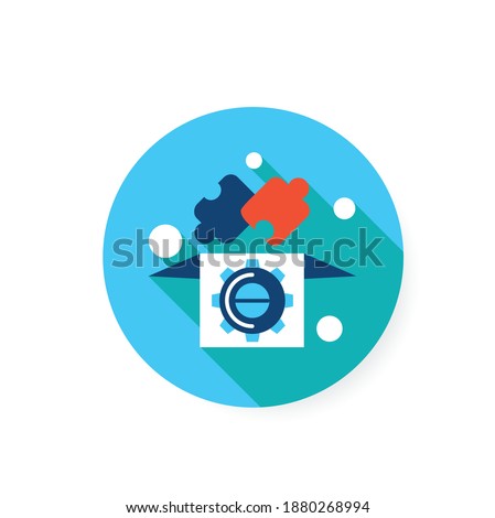 Solution flat icon. Jigsaw puzzle fit into box with gear sign. Problem solving and creative solution production concept. Color vector illustration with shadow for web and business presentation