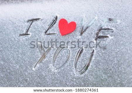 Valentines Day concept with red felt heart on a snow background. I love you. Text on a frozen window. Valentine's day, february 14, i love you, declaration of love