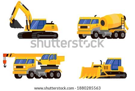Set of heavy machinery three quarter view. Vehicles for executing construction tasks.