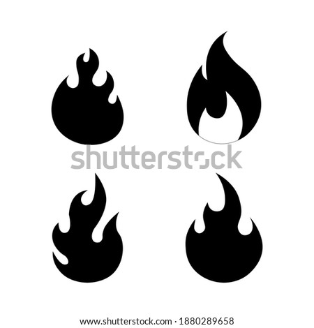 Flames fire icons, silhouettes. Black firing, Burning icons, symbols isolated on white.