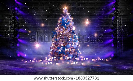 New Year tree with toys in the interior, open doors, magic light, old brick wall. Festive fabulous interior with garlands and lights. background for postcards. 3D illustration.