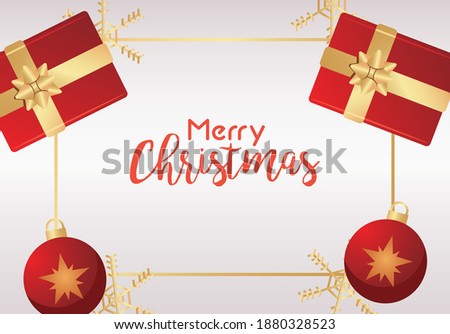 merry christmas and happy new year lettering card with gifts and balls vector illustration design