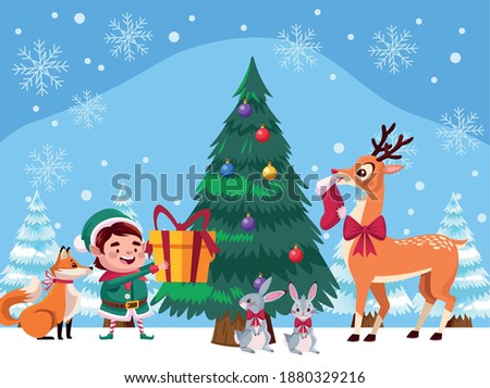 santa helper with animals and christmas pine tree vector illustration design